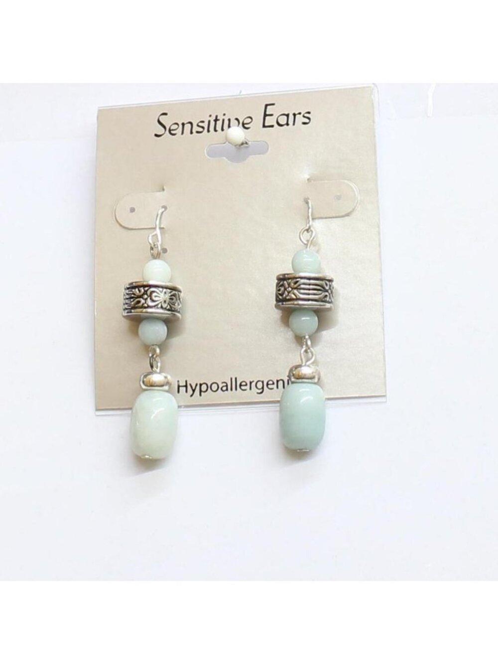 NEW Sensitive Ears Fashion Dangly Beaded Earrings Silver Gray / Teal Blue 2.75"
